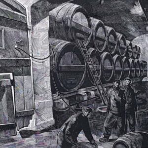 Richard Kaljo, puugravüür "tartu õlletehase keldrites" 1945