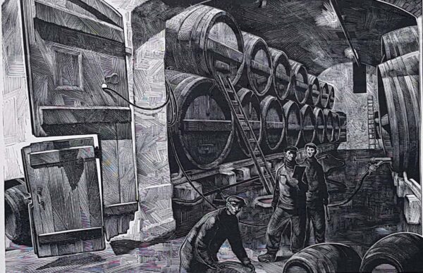 Richard Kaljo, puugravüür "tartu õlletehase keldrites" 1945